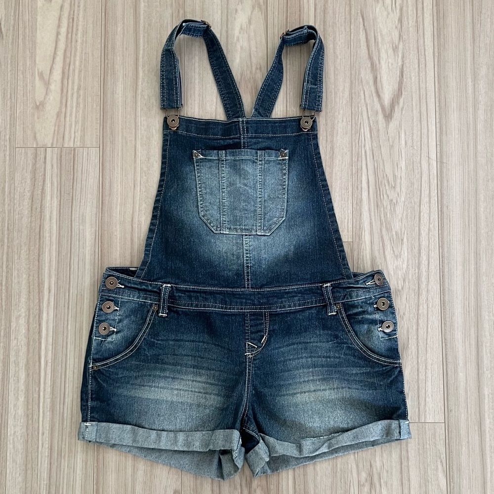 BONGO Vintage Y2K Dark Blue Stretchy Faded Denim Overalls Shortall Jean Shorts L